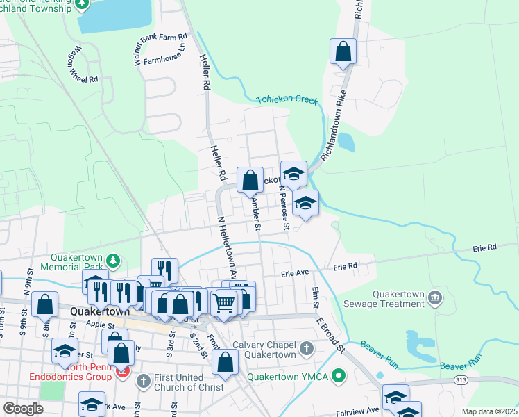 map of restaurants, bars, coffee shops, grocery stores, and more near 333 Glenwood Avenue in Quakertown