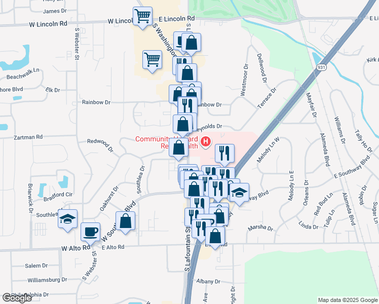 map of restaurants, bars, coffee shops, grocery stores, and more near 3538 South Lafountain Street in Kokomo
