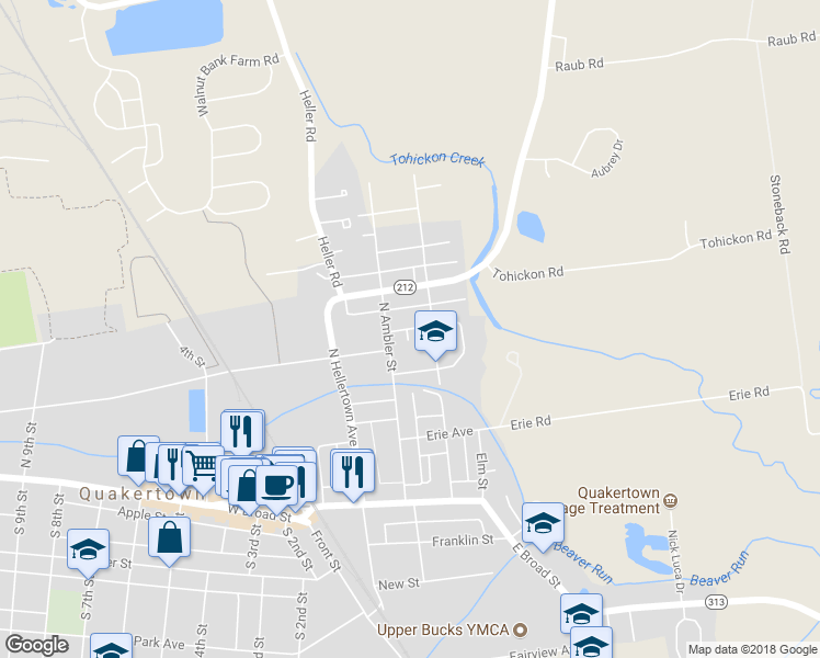 map of restaurants, bars, coffee shops, grocery stores, and more near 33312 Glenwood Avenue in Quakertown