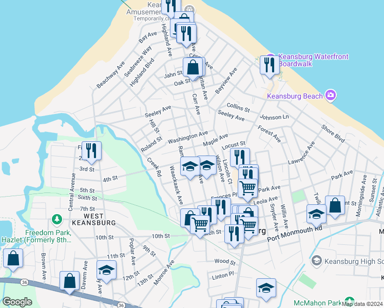 map of restaurants, bars, coffee shops, grocery stores, and more near 83 Myrtle Avenue in Keansburg