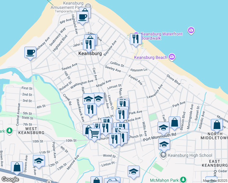 map of restaurants, bars, coffee shops, grocery stores, and more near 58 Lincoln Court in Keansburg