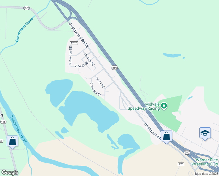 map of restaurants, bars, coffee shops, grocery stores, and more near 3446 South Avenue Southeast in New Philadelphia