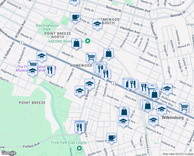 map of restaurants, bars, coffee shops, grocery stores, and more near 7628 Penn Avenue in Pittsburgh