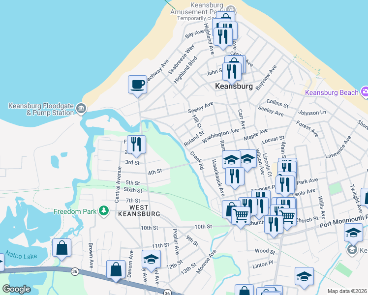 map of restaurants, bars, coffee shops, grocery stores, and more near 115 Creek Road in Keansburg