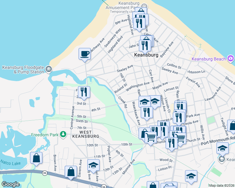 map of restaurants, bars, coffee shops, grocery stores, and more near 115 Creek Road in Keansburg