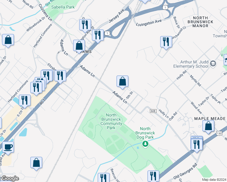map of restaurants, bars, coffee shops, grocery stores, and more near 791 Adams Lane in North Brunswick Township