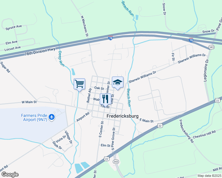 map of restaurants, bars, coffee shops, grocery stores, and more near 148 North Center Street in Fredericksburg
