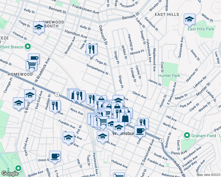 map of restaurants, bars, coffee shops, grocery stores, and more near 614 Hill Avenue in Pittsburgh