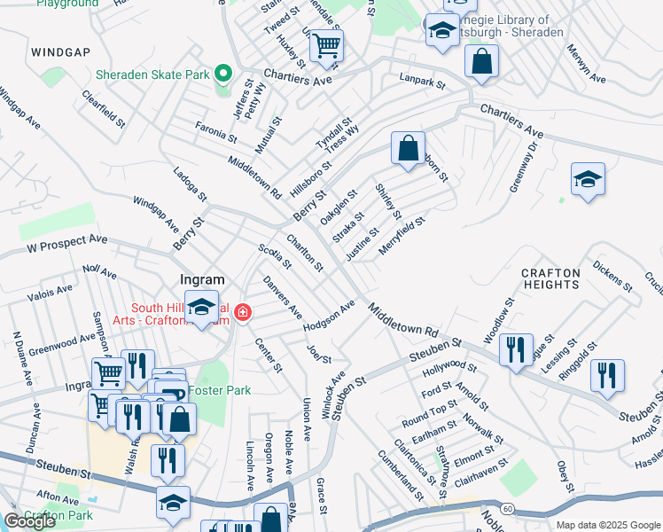 map of restaurants, bars, coffee shops, grocery stores, and more near 2709 Middletown Road in Pittsburgh