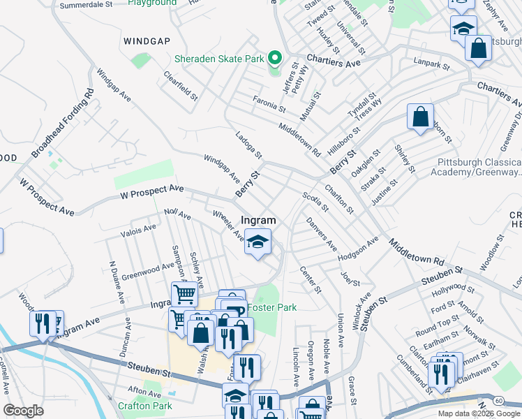 map of restaurants, bars, coffee shops, grocery stores, and more near in Ingram