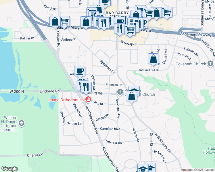map of restaurants, bars, coffee shops, grocery stores, and more near 906 Lindberg Road in West Lafayette
