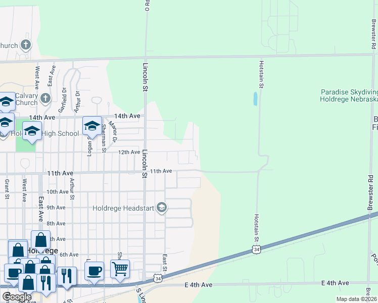 map of restaurants, bars, coffee shops, grocery stores, and more near 1616 12th Avenue in Holdrege