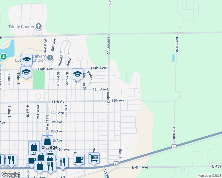 map of restaurants, bars, coffee shops, grocery stores, and more near 1453-1499 11th Avenue in Holdrege