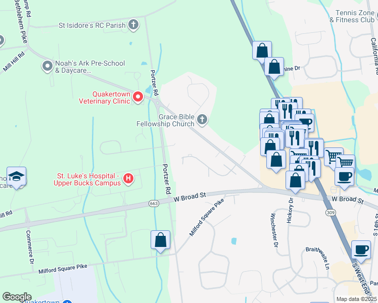 map of restaurants, bars, coffee shops, grocery stores, and more near 95 Stonegate Village in Quakertown