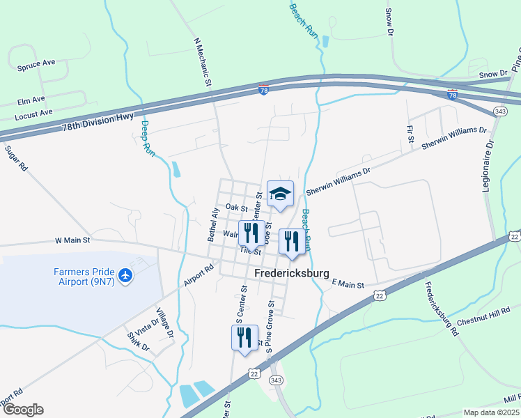 map of restaurants, bars, coffee shops, grocery stores, and more near 148 North Center Street in Fredericksburg