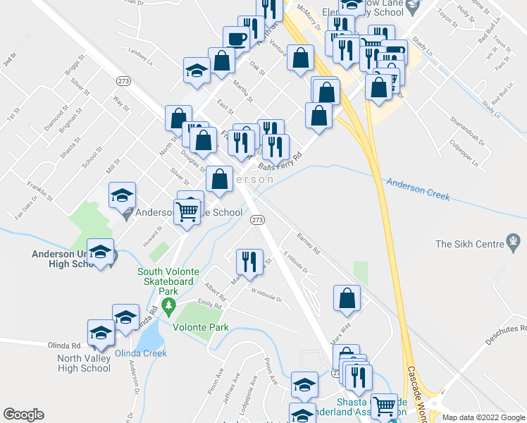 map of restaurants, bars, coffee shops, grocery stores, and more near 2726 Barney Road in Anderson