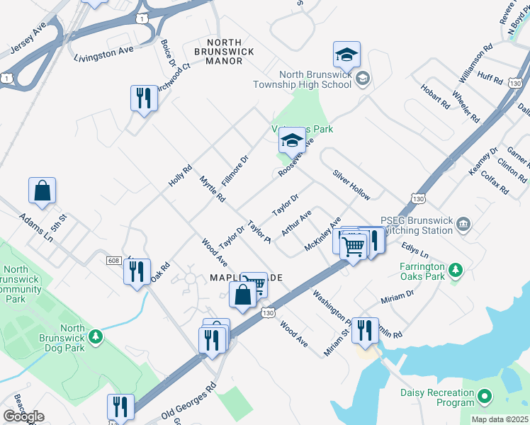 map of restaurants, bars, coffee shops, grocery stores, and more near 1671 Taylor Drive in North Brunswick Township