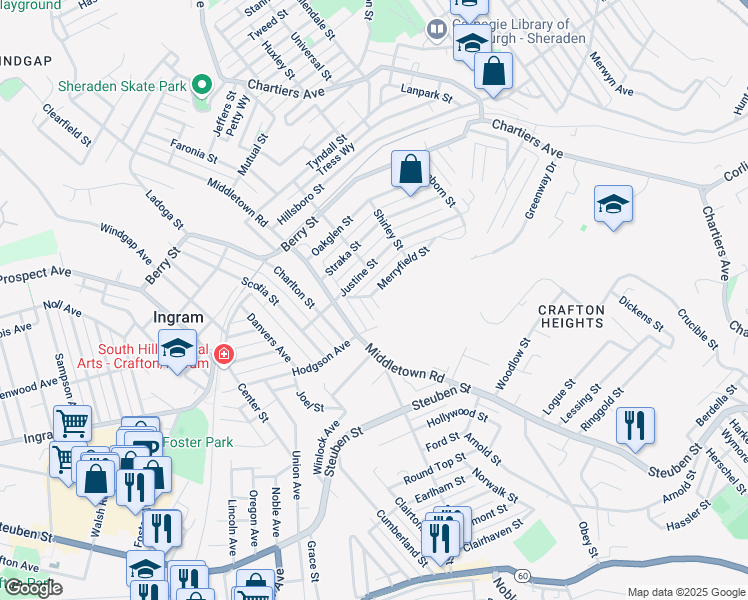 map of restaurants, bars, coffee shops, grocery stores, and more near City Way in Pittsburgh