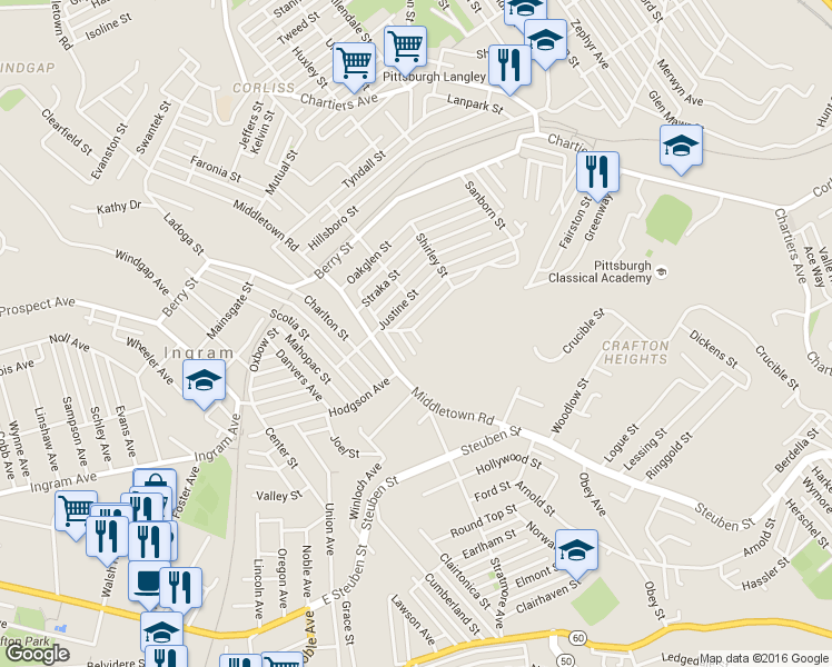 map of restaurants, bars, coffee shops, grocery stores, and more near City Way in Pittsburgh