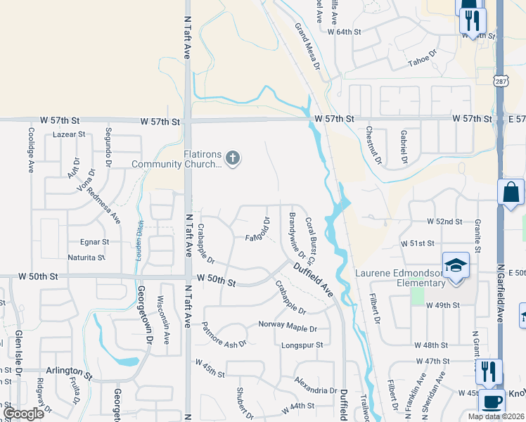 map of restaurants, bars, coffee shops, grocery stores, and more near 5224 Fallgold Drive in Loveland