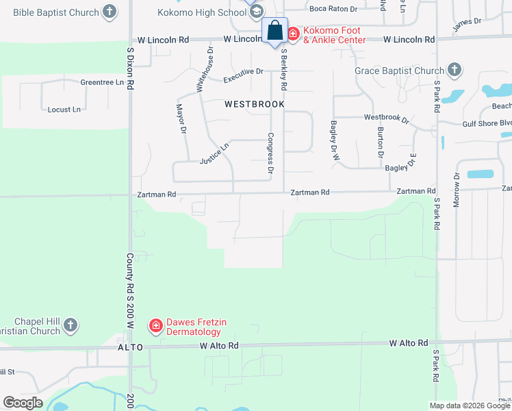 map of restaurants, bars, coffee shops, grocery stores, and more near 1801 Zartman Road in Kokomo