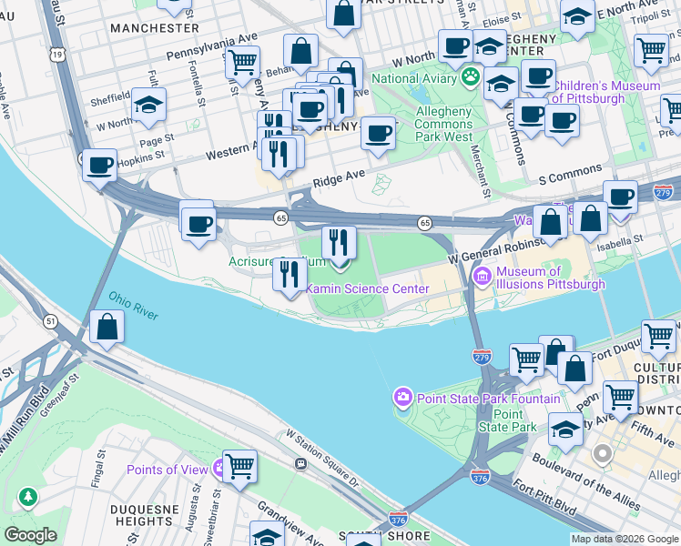 map of restaurants, bars, coffee shops, grocery stores, and more near 100 Art Rooney Avenue in Pittsburgh