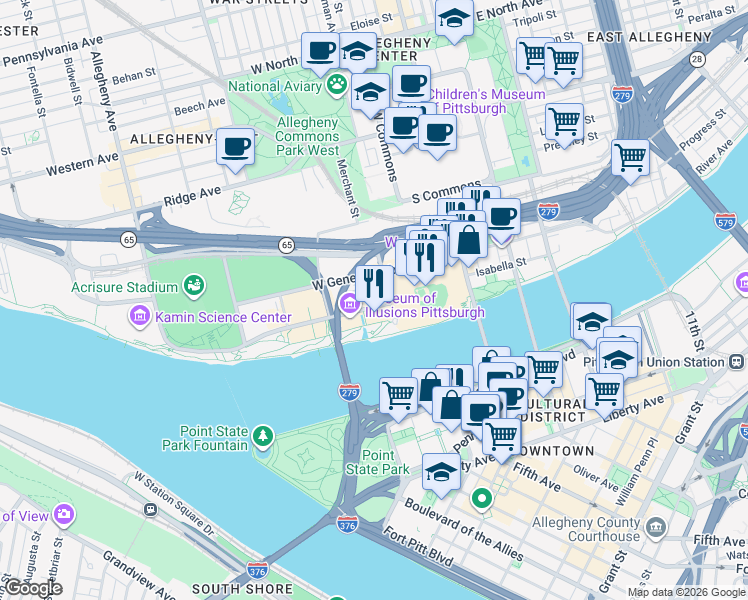 map of restaurants, bars, coffee shops, grocery stores, and more near 220 North Shore Drive in Pittsburgh