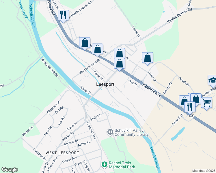 map of restaurants, bars, coffee shops, grocery stores, and more near 11 South Canal Street in Leesport