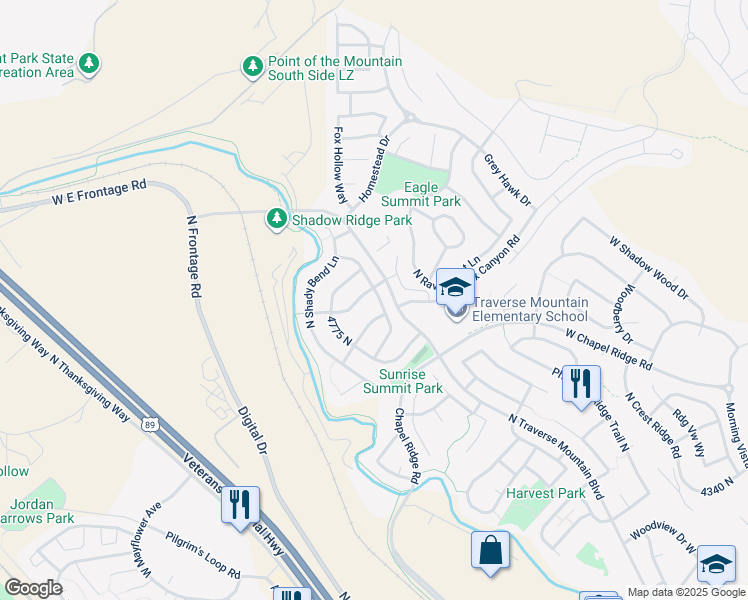 map of restaurants, bars, coffee shops, grocery stores, and more near 4815 North Shady View Lane in Lehi
