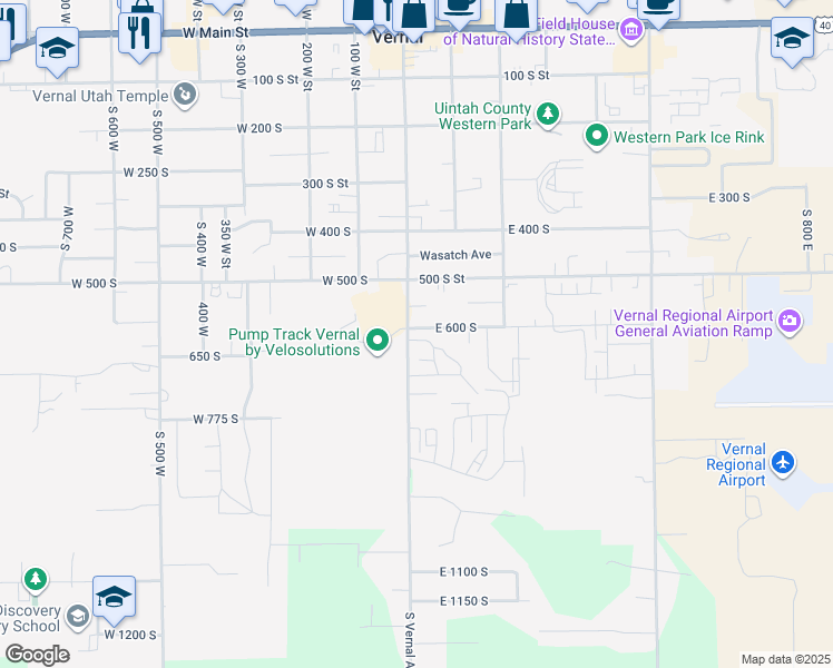map of restaurants, bars, coffee shops, grocery stores, and more near 601 South Vernal Avenue in Vernal