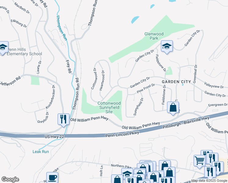 map of restaurants, bars, coffee shops, grocery stores, and more near 704 Cottonwood Drive in Monroeville