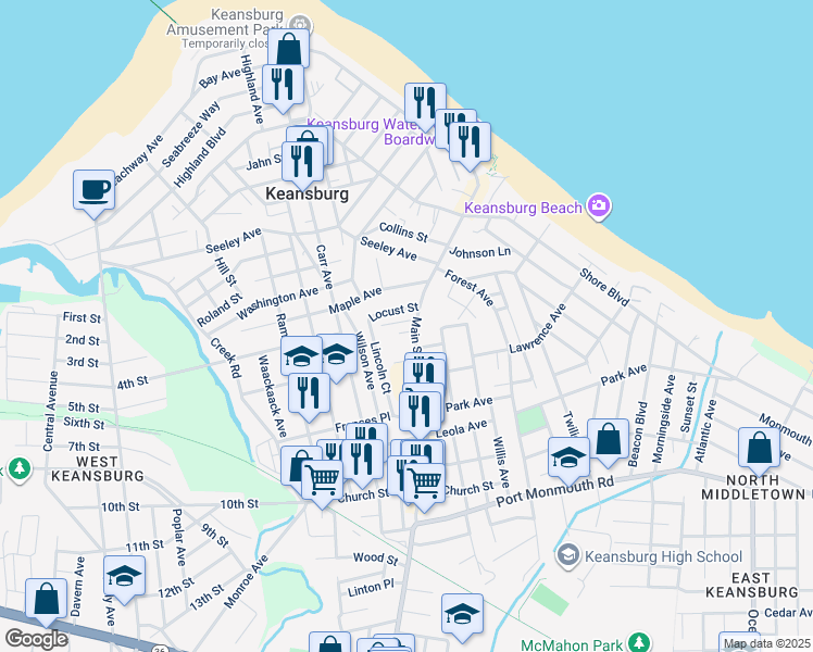 map of restaurants, bars, coffee shops, grocery stores, and more near 115 Main Street in Keansburg