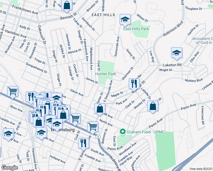 map of restaurants, bars, coffee shops, grocery stores, and more near 1715 Swissvale Avenue in Pittsburgh