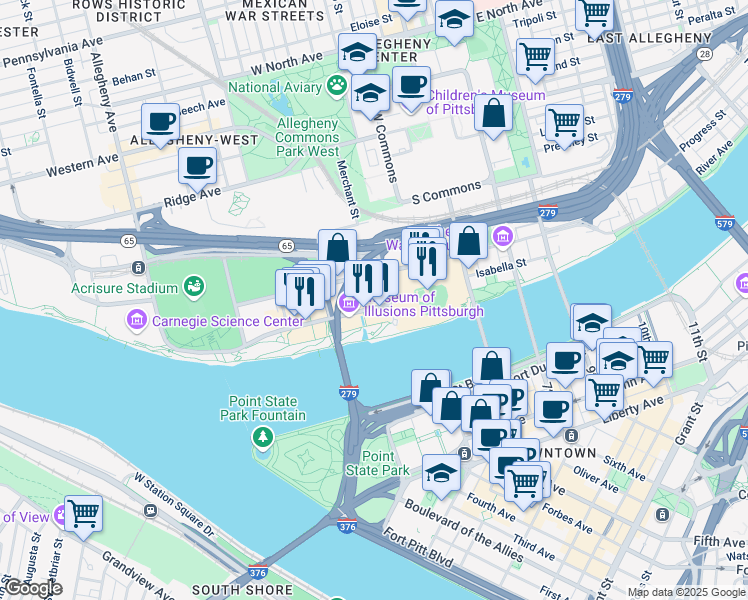 map of restaurants, bars, coffee shops, grocery stores, and more near in Pittsburgh