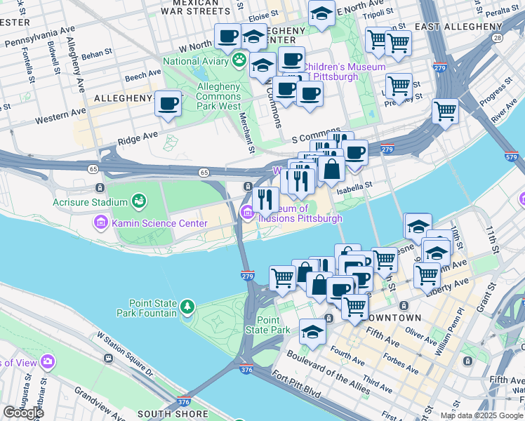 map of restaurants, bars, coffee shops, grocery stores, and more near in Pittsburgh