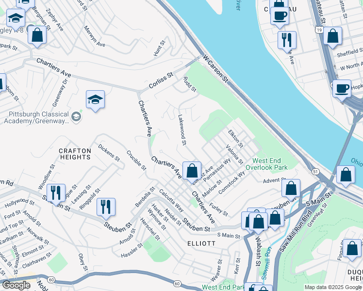 map of restaurants, bars, coffee shops, grocery stores, and more near 1231 Lakewood Avenue in Pittsburgh