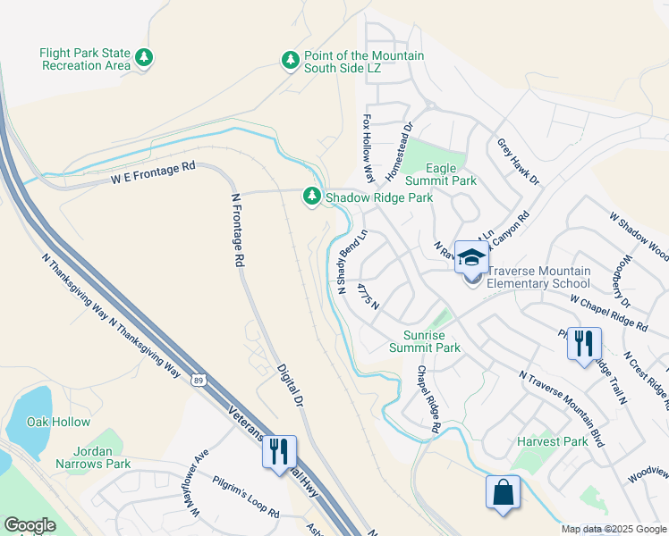 map of restaurants, bars, coffee shops, grocery stores, and more near 4813 North Shady Bend Lane in Lehi