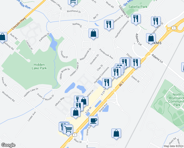 map of restaurants, bars, coffee shops, grocery stores, and more near 26 Clay Street in North Brunswick Township