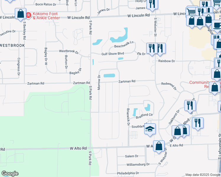 map of restaurants, bars, coffee shops, grocery stores, and more near 932 Zartman Road in Kokomo