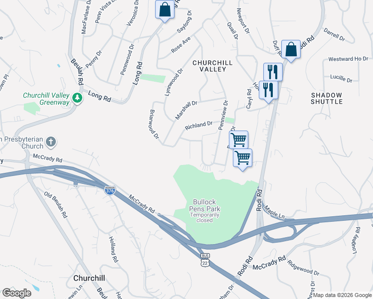 map of restaurants, bars, coffee shops, grocery stores, and more near 115 Lennox Drive in Pittsburgh