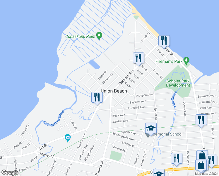 map of restaurants, bars, coffee shops, grocery stores, and more near 140 Campbell Street in Union Beach