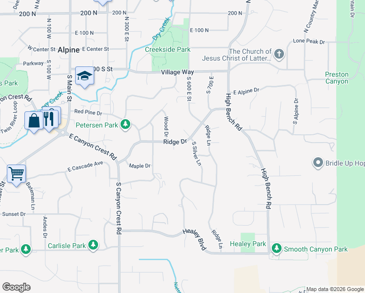 map of restaurants, bars, coffee shops, grocery stores, and more near 513 East Ridge Drive in Alpine