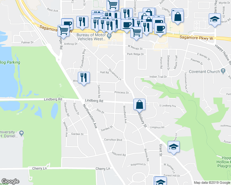 map of restaurants, bars, coffee shops, grocery stores, and more near 901 Princess Drive in West Lafayette