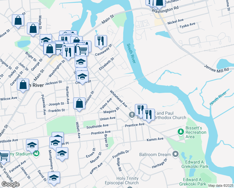 map of restaurants, bars, coffee shops, grocery stores, and more near 123 Whitehead Avenue in South River