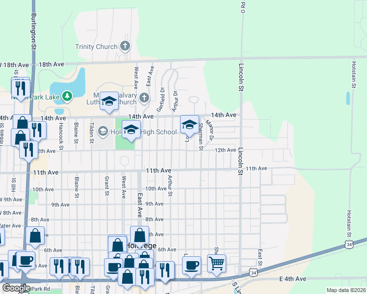 map of restaurants, bars, coffee shops, grocery stores, and more near 1201-1299 Logan St in Holdrege