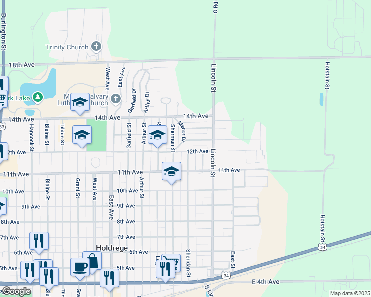 map of restaurants, bars, coffee shops, grocery stores, and more near 1201-1399 Pamela Avenue in Holdrege