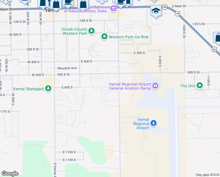 map of restaurants, bars, coffee shops, grocery stores, and more near 434 East 600 South in Vernal