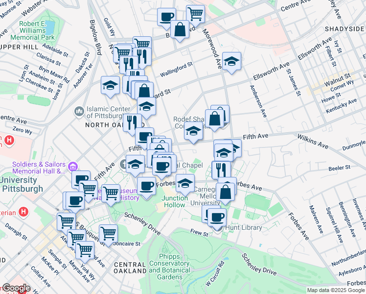 map of restaurants, bars, coffee shops, grocery stores, and more near 4700 Fifth Avenue in Pittsburgh