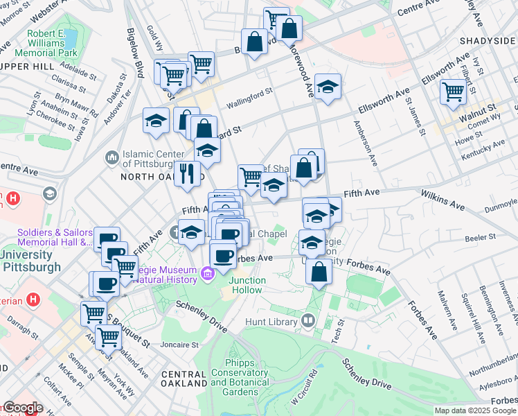 map of restaurants, bars, coffee shops, grocery stores, and more near 4700 Fifth Avenue in Pittsburgh