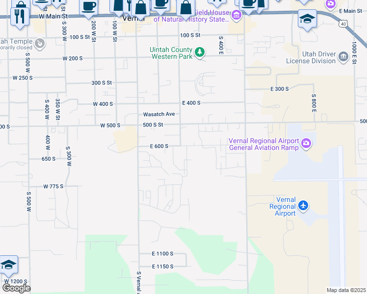 map of restaurants, bars, coffee shops, grocery stores, and more near 235 East 600 South in Vernal